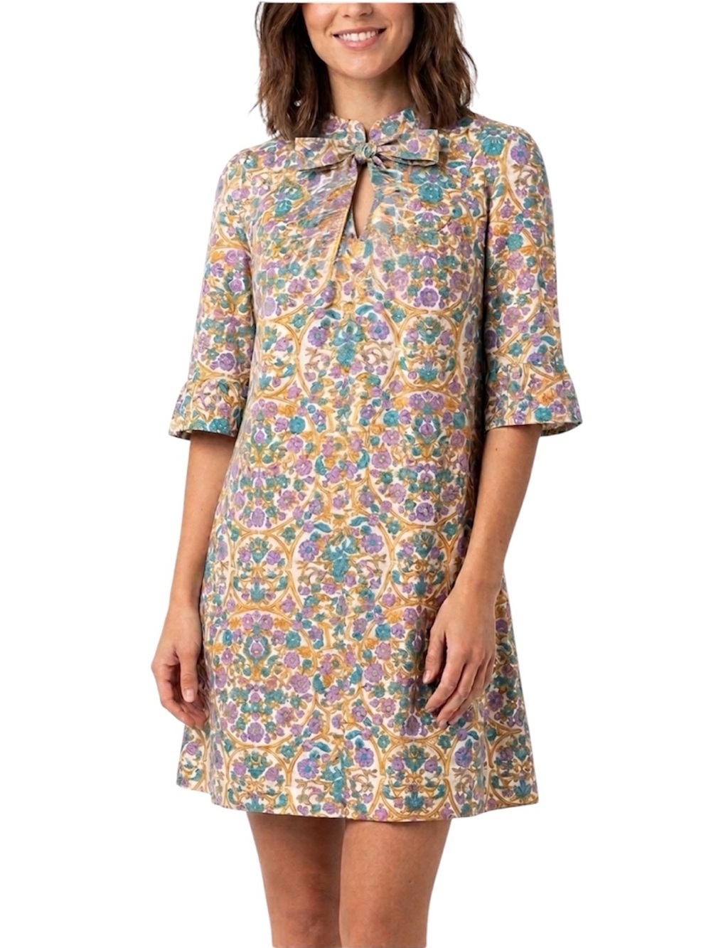 VINTAGE Floral Tent Dress Bow Flounce Sleeve Knee Length Mod 60’s Size Small